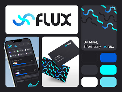 Flux Logo & Branding - Client & Project Management Software blue brand identity branding client management custom typeface dark grey f flux fx gradient graphic design grey logo project management software x