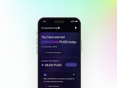 PUSS Miner appdesign crypto miner mobiledesign ui uidesign web3