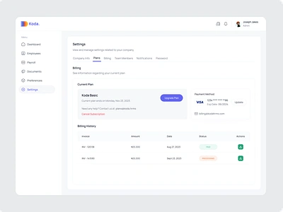 Settings Page account billing dashboard dashboard ui hr app hrms plan pricing profile settings web app web design