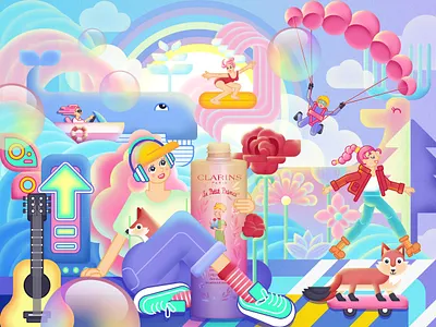 Girl's Fantasy Travel fox girl guitar parachute pink rainbow rose speed boat surfing walk whale