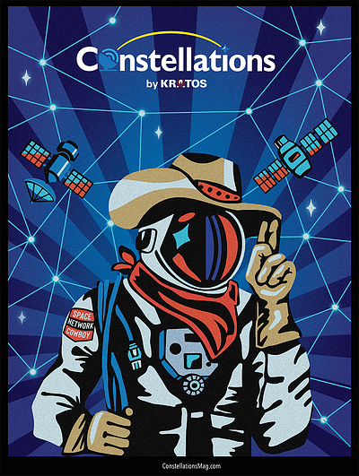Constellations Podcast Poster & Mascot astronaut bandana cables computer cowboy galaxy illustration mascot network podcast poster satellite space space race stars sticker