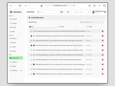 SalesSync - Dashboard Sales Marketing Notification Page card clean dashboard dashboard marketing dashboard sales design list notification marketing notification notification page sales table ui uiux ux