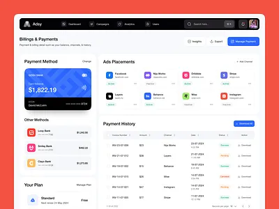 Adsy - Billing & Payments Page ads ads dashboard ads management bank dashboard banking billing card dashboard e banking history money money management product design table transaction ui ui design uiux web design website