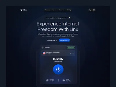 Linx - VPN Security Services Landing Page 🌐 cyber security dark dark landing ip linier web design network securoty privacy proxy saas saas product secure security security web server ui vpn vpn concept vpn website web web design