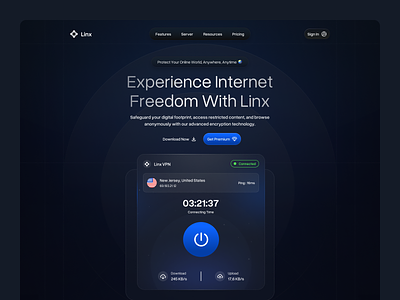 Linx - VPN Security Services Landing Page 🌐 cyber security dark dark landing ip linier web design network securoty privacy proxy saas saas product secure security security web server ui vpn vpn concept vpn website web web design