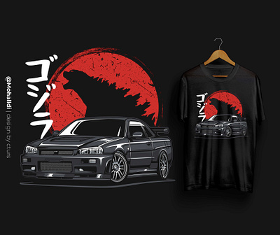 Black Godzilla R34 car poster car tshirt gtr nissan r34 skyline