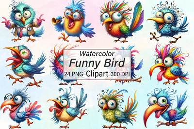 Funny Bird Clipart Bundle Funny Bird animation branding design graphic design illustration logo motion graphics retro t shirt design ui vector watercolor clipart