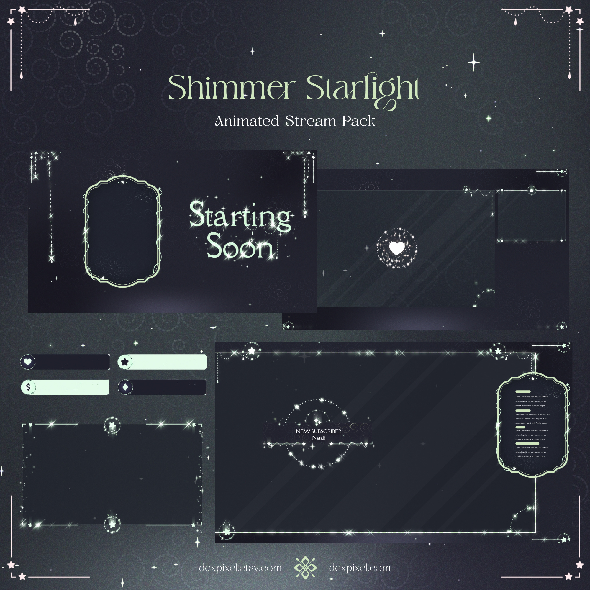 Shimmer Starlight Animated Stream Pack | Chatting Vtuber Overlay design graphic design stream stream design stream pack twitch vtuber