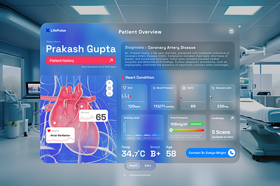 AR Healthcare Dashboard 3d analytics ar blue dashboard design doctor ear exploration graphic design health heart prototype red smooth spatial design ui ux vision pro vr