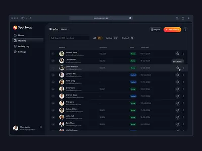 SpotSwap - Waitlist management for partners dark dark mode dashboard linear orange product design saas table web web app