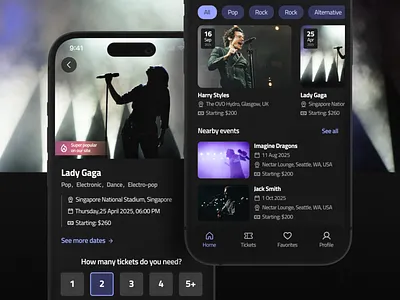 Concert tickets booking app 🎵 🎟️ black and purple booking app buy tickets concert ticket concert tickets booking app event concert event details event search event ticket booking events app events list mobile app music app nearby events list qr code select tickets number ticket booking ticket qr ticket search ticketing app