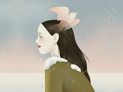 Thaw bird character conceptual drops editorial girl grass illustration nature people scenery skylark snow spring tears thaw water