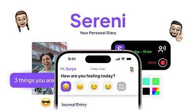 SERENI - Journaling Redefined A short UX case study app branding case study design dynamic island easy emoji fun graphic design ios iphone journaling logo product purple short ui ux voice entry