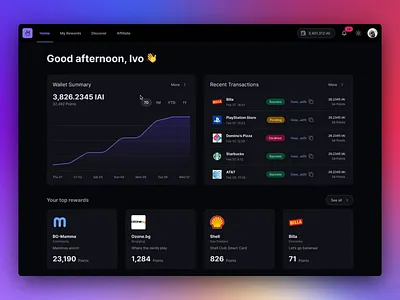 Web3 Platform for Tokenising Loyalty Programs. blockchain cashback coin crypto crypto currency crypto wallet dark mode dark theme dashboard fintech loyalty program reward token wallet web app web3 web3 app web3 dashboard web3 design web3 platform