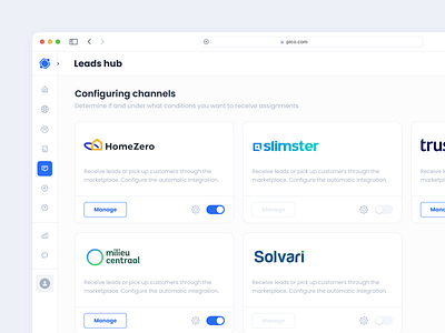 Leads hub. Integrations with companies configurations design desktop app integrations product design settings switch switch off switch on toggle turn off turn on ui ux web app widget