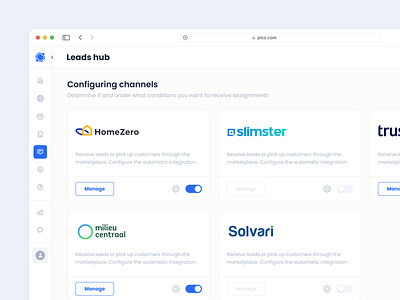 Leads hub. Integrations with companies configurations design desktop app integrations product design settings switch switch off switch on toggle turn off turn on ui ux web app widget