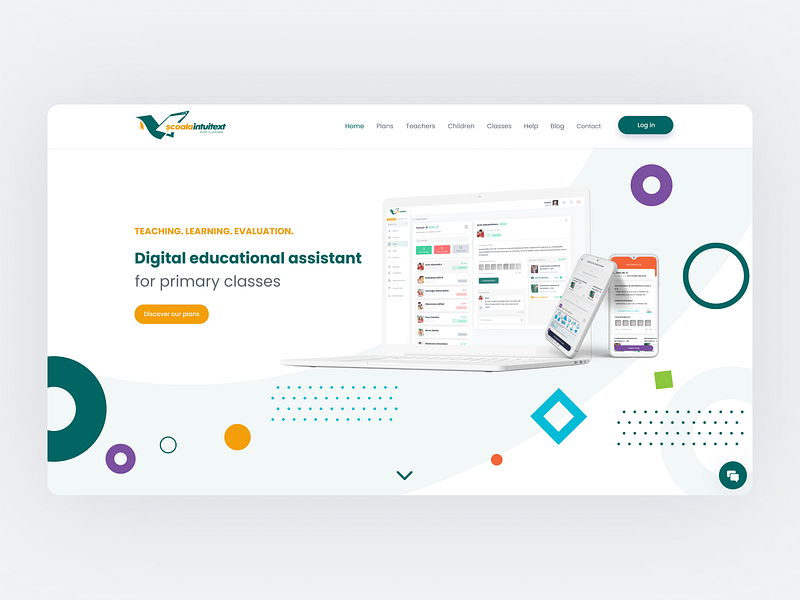 ScoalaIntuitext • Presentation Website for class management tool educational tool hero section kids management system presentation website school students teachers ui ux