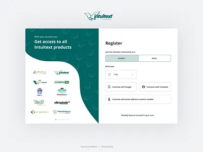 Intuitext • Authentication module age restriction authentication module education email login kids login parents phone login register school social login teachers ui ux