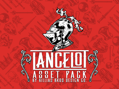 LANCELOT ASSET PACK brushes coatofarms creative design designtools fantasy font graphic design heraldry illustration knight medieval ribbons roses shields supporters typeface typography vectorart weapons