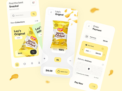 Snacks App - Part 2 adobexd app design chips colors design ecommerce figma illustration market marketplace mobile design new online shopping popular shopping snack app ui ui design uiux yellow