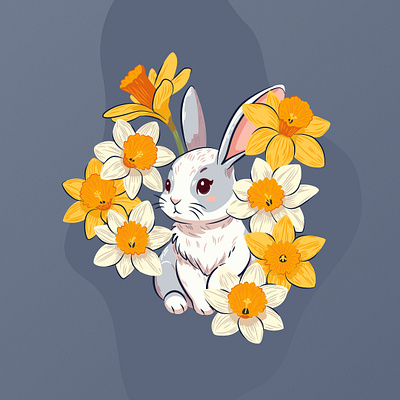 Rabbit in daffodils bunny charming cute animal daffodil easter easter bunny furry graphic design illustration kawaii kawaii art narcissus poster rabbit spring spring flowers sweet vector vector illustration yellow flowers