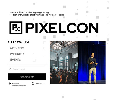 PixelCon Tech Conference Join Waitlist Page black conference design hero join waitlist landing page logo pixel pixelcon tech conference ui uiux waitlist web design white
