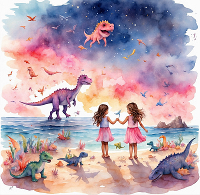 Rika and DinoOs, watercolor bookcover illustration image