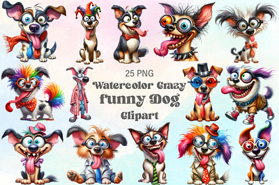 Watercolor Crazy Funny Dog Clipart animation branding design friends graphic design illustration motion graphics retro t shirt design