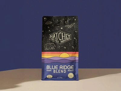 Hatchet Coffee Blue Ridge Blend Package Design alien badge bag design bean blue ridge mountains branding coffee constellation gradient illustration logo love non profit north carolina package design roaster sky space sunset thick lines