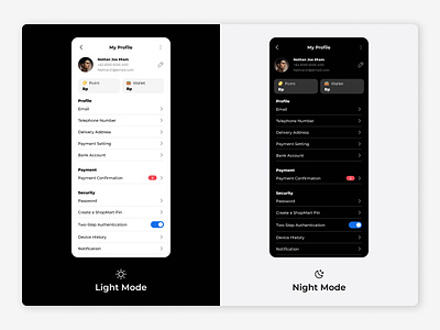User Profile with Light & Night Mode app design ecommerce light mode mobile app night mode ui user experience design user interface design user profile ux