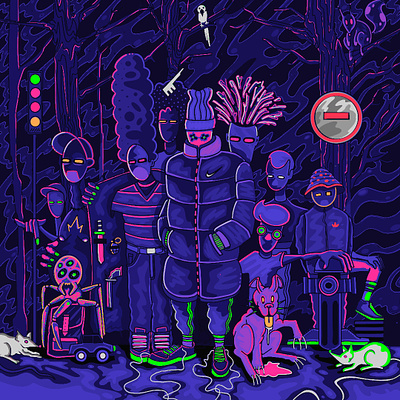 fam.jpeg cartoon creatures fam forest illustration jpeg neon purple vivid web3
