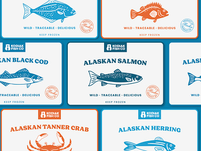 Kodiak Fish Co - Label Design alaska alaska seafood alaska seafood marketing alaskan illustrator blackcod crab halibut herring illustration kodiak label design logo design rockfish salmon seafood branding seafood design seafood marketing