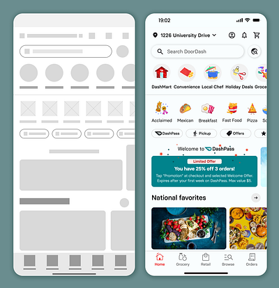 WIREFRAME SHOT dashpass mid fidelity shots ui one page wireframe