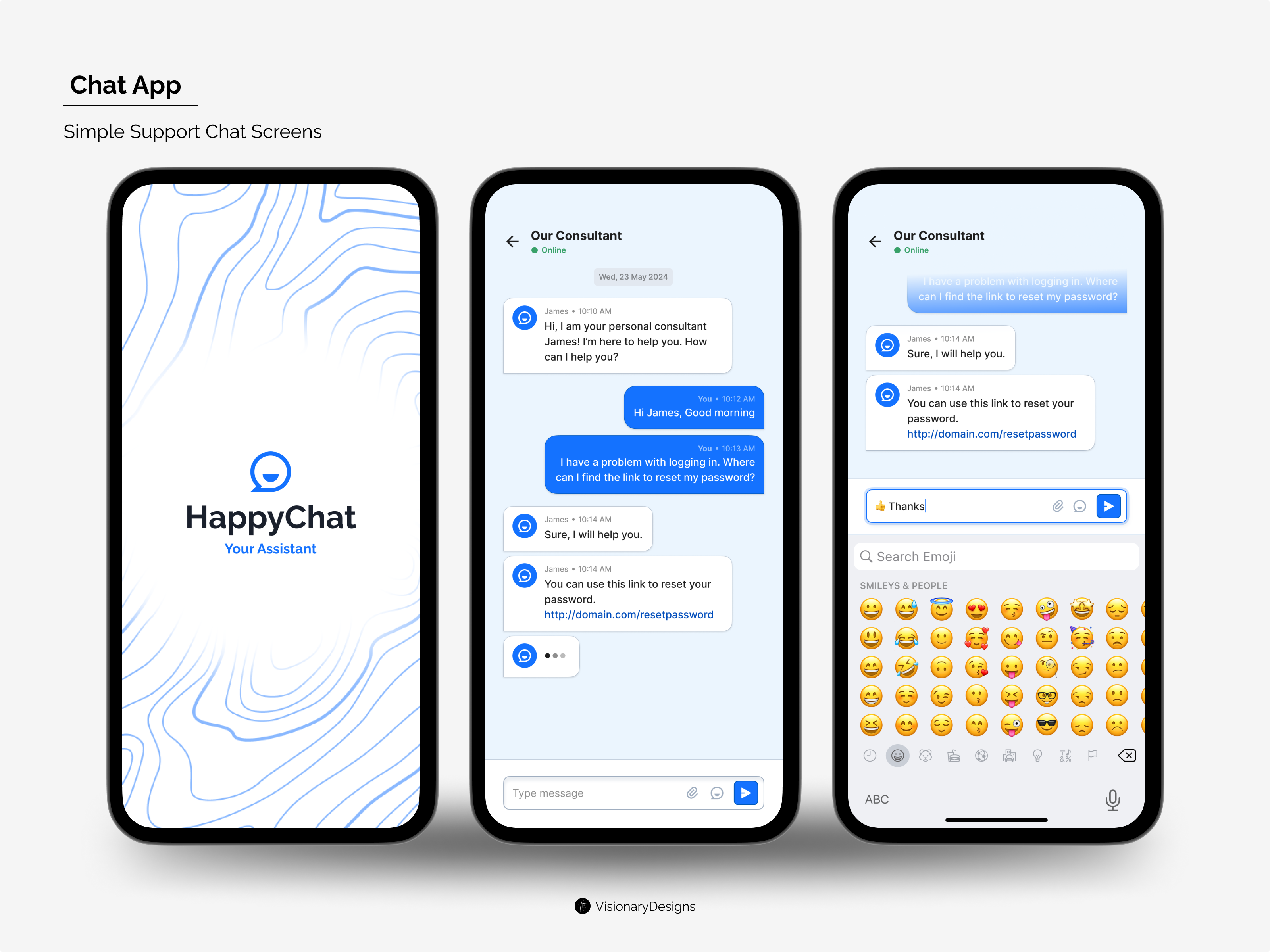 Support Chat Application app assistance branding chat conversation design figma happy illustration keyboard logo mobile online satus smiley support typography ui