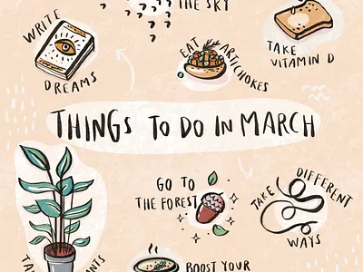 Things To Do In March calendar cute doodle drawing fancy illustration inspiration inspirational monthly typography