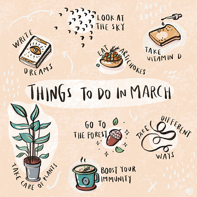 Things To Do In March calendar cute doodle drawing fancy illustration inspiration inspirational monthly typography