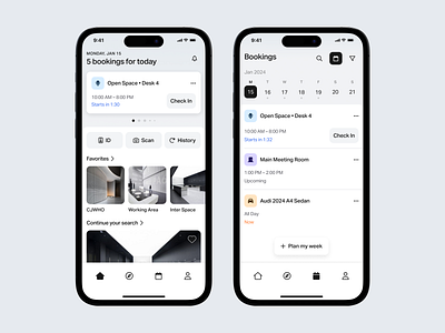 Bookings App / Main Screens booking calendar car card category checkin coworking home list mobile status tag