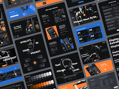sandow Web UI: AI Fitness & Diet Website | AI Fitness Assistant artificial intellgence blue bold dark mode figma template fitness fitness ai assistant fitness app fitness landing page fitness web design fitness website landing page nutrition orange responsive ui kit web design website workout workout app