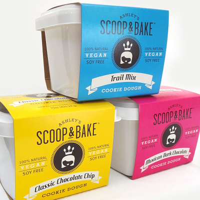 Ashley's Scoop & Bake Vegan Cookies Package Design baked goods branding chocolate chip cookies cpg dessert freelance graphic design label design logo oatmeal package design packaged goods packaging private label snacks trail mix