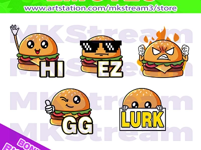 Twitch emotes cute burger hi, gg, ez, lurk & rage pack animated emotes anime big mac burger burger emotes cheese burger cute design emote emotes ez gg hi illustration logo lurk rage sub badge twitch emotes