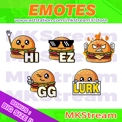 Twitch emotes cute burger hi, gg, ez, lurk & rage pack animated emotes anime big mac burger burger emotes cheese burger cute design emote emotes ez gg hi illustration logo lurk rage sub badge twitch emotes