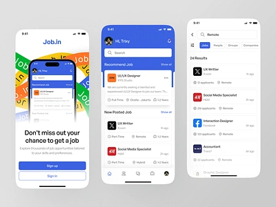 Job.in - Job Finder App clean design hiring job job board job finder job listing job portal jobseeker linkedin mobile mobile ap mobile job app portfolio recruitment ui ux vacancy work