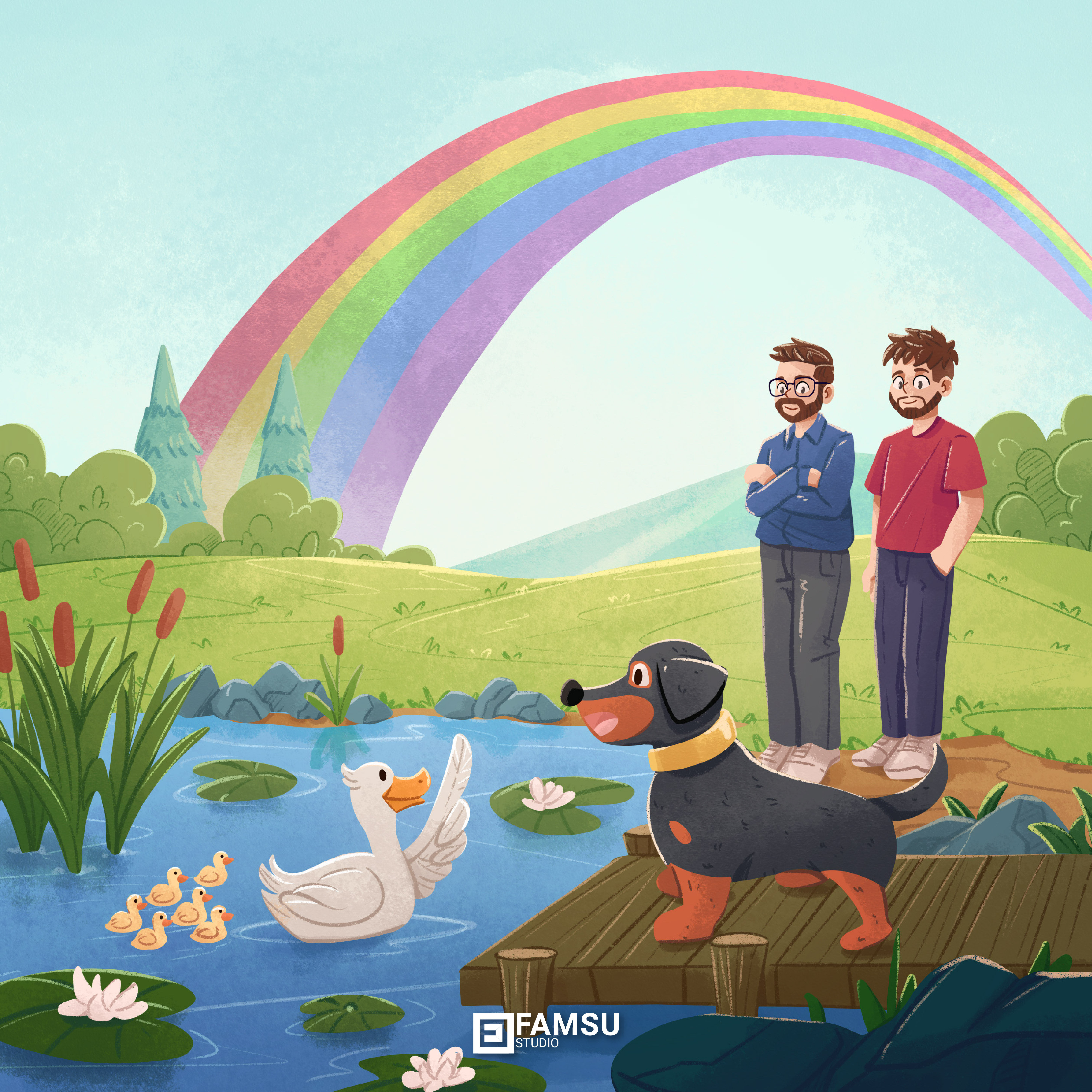 What is the ending of a Rainbow? Children Book Illustration book story cartoon character children book childrens book custom design digital art dog illustration lake rainbow story story book swan