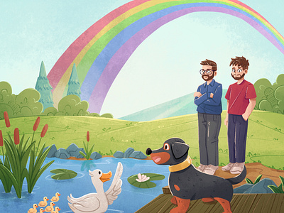 What is the ending of a Rainbow? Children Book Illustration book story cartoon character children book childrens book custom design digital art dog illustration lake rainbow story story book swan