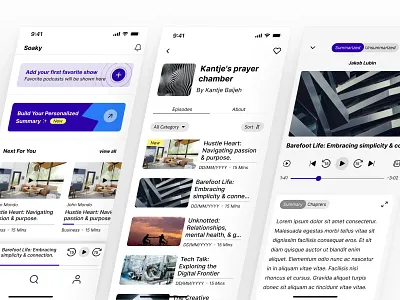 Soaky - Podcast Summaries audio app audio content audio summary mobile app podcast podcast app ui