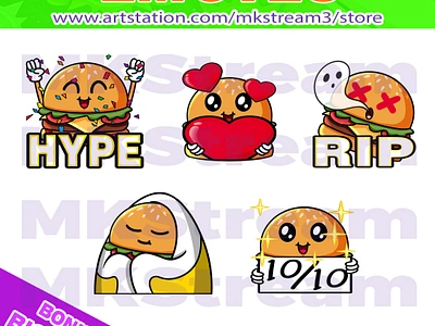 Twitch emotes cute burger hype, comfy, love, perfect & rip pack animated emotes anime big mac burger burger emotes cheese burger chibi comfy cute design emote emotes hype illustration logo love perfect rip sub badge twitch sub badges