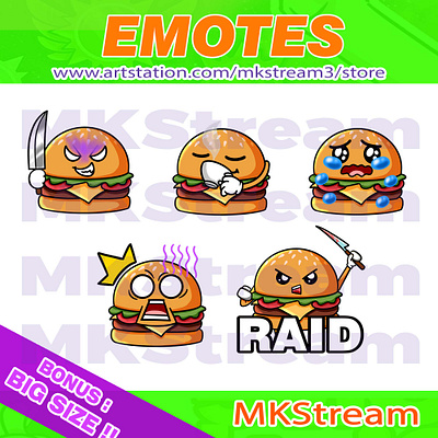 Twitch emotes cute burger sip, shock, evil, raid & cry pack animated emotes anime burger burger emotes cheese burger cry cute design emote emotes evil face illustration knife logo raid sad shock sip sub badge twitch emotes