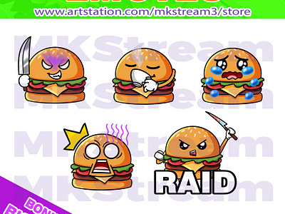 Twitch emotes cute burger sip, shock, evil, raid & cry pack animated emotes anime burger burger emotes cheese burger cry cute design emote emotes evil face illustration knife logo raid sad shock sip sub badge twitch emotes