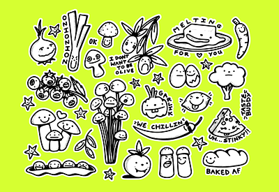 silly food stickers for Taste Buddy basil bread broccoli butter carrot cheese chilli cute doodles egg food garlic lemon mushrooms olives onion silly sticker tomato vegetables