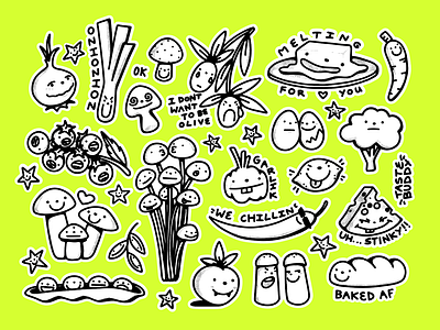 silly food stickers for Taste Buddy basil bread broccoli butter carrot cheese chilli cute doodles egg food garlic lemon mushrooms olives onion silly sticker tomato vegetables